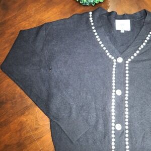 LIV‎ Milano Embellished Diamond Cardigan Sweater Black Button-Down Ribbed Knit